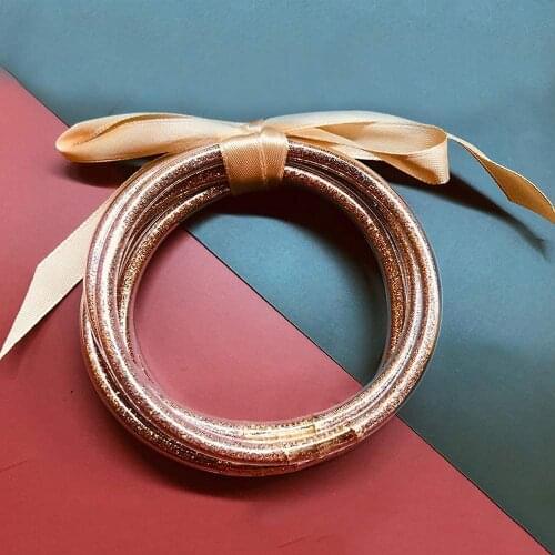 Champagne Glitter Jelly Bangle Bracelet Set - Gold Powder Lining Fashion Jewelry - Lightweight Cute Bracelets for Women Girl