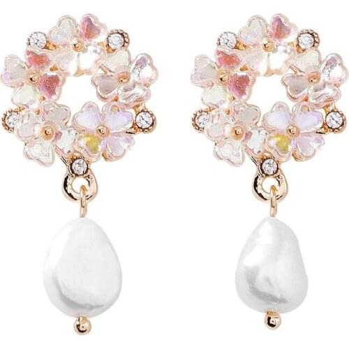 Wholesale Korean New Pink Rhinestone Pearl Drop Earrings for Women Charm Flowers Shell Drop Earring Jewelry Gift Brincos