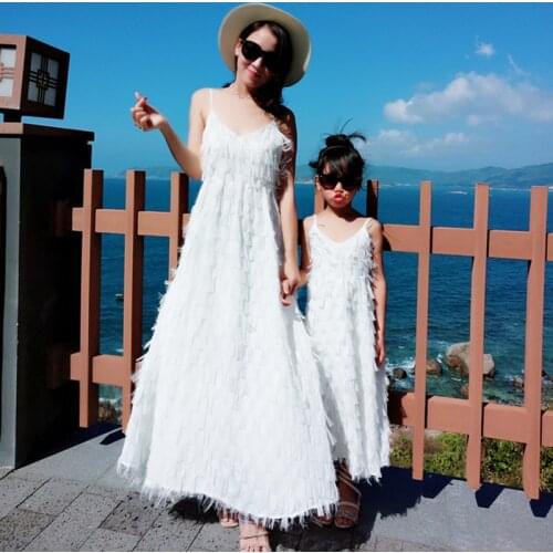 Mommy and Me Backless Strap Long Dress Beachwear Mother Daughter Dresses White Tassel V Neck Party Big Sister Little