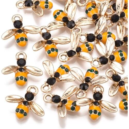 100pcs Light Gold Blue Alloy Enamel Rhinestone Bees Pendants Charm for Necklace DIY Jewelry Making Accessories 15x16.5x3.5mm