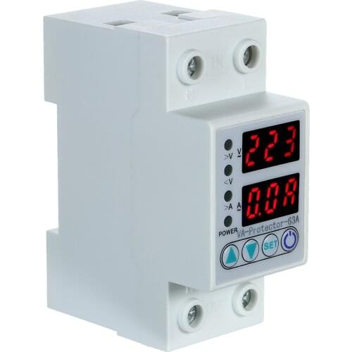 63A 220V Din Rail Adjustable Over Voltage & Under Voltage Protective Device Protector Relay Over Current Protection LED Display