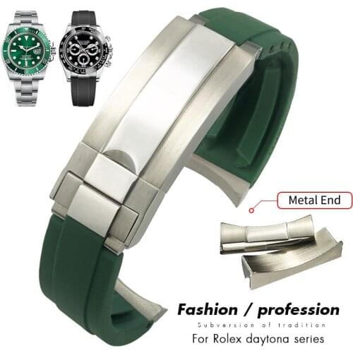 20mm Rubber Silicone Watchband Suitable for Rolex Silver Metal End Submariner Yacht Master Daytona Belt Slide Lock Buckle Strap