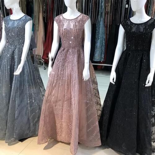 Luxury A-line Sleeveless Evening Dresses 2020 Dubai O-Neck Crystal Handmade Sexy Long Formal Party Gowns