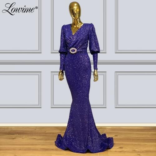 V Neck Blue Party Dress African Evning Gown Mermaid Full Sleeves Vestido De Festa Simple Prom Dresses Mother Of The Bride Dress