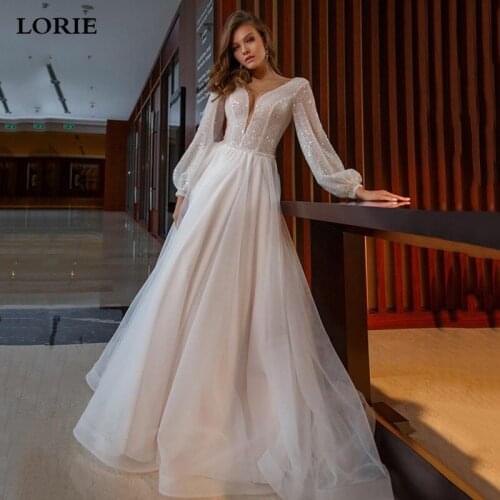 LORIE Shiny Sequin Boho Wedding Dress A Line Puff Sleeve Bride Gown Sexy V Neck Party Reception Dresses