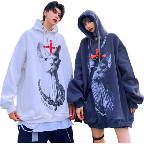 Autumn Winter Harajuku Couple Matching Hoodie Gothic Cartoon Cat Print Chain Hooded Sweatshirt Women Oversize Loose Pullover Top