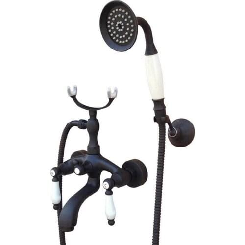 Bathroom Black Oil Rubbed Bronze Wall Mounted Clawfoot Tub Filler Faucet Handshower Double Ceramics Handles Mixer Tap atf576