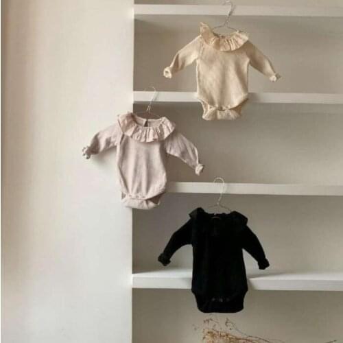 Japanese and Korean Spring and Autumn New Babys Close-fitting Knitted Lotus Leaf Lace Collar Long-Sleeved Baby Bodysuit Romper