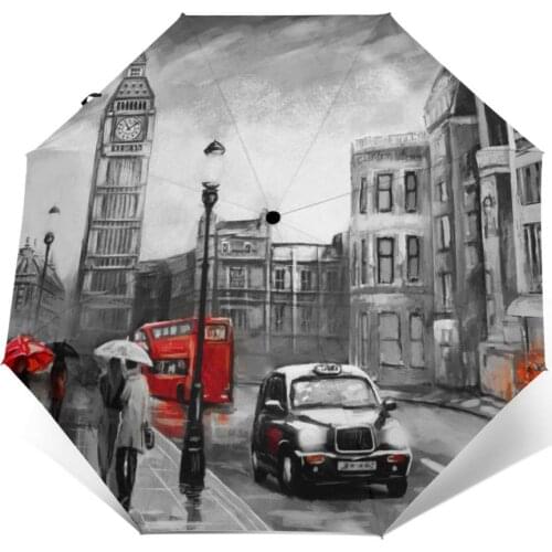 Wind Resistant Fully-Automatic London Artwork With Big Ben Couple And Red Umbrella Rain 3 Folding Parasol Travel Car Umbrella