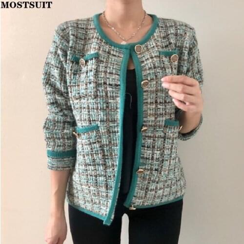 Vintage Elegant Knitted Jacket Coat Women Fall Winter Full Sleeve Single-breasted O-neck Tops Chic Fashion Ladies Outercoat