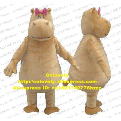 Vivid Cream-colour Hippo River Horse Hippopotamus Mascot Costume With Small Roll Ears Pink Bowknot Short Black Eyelash No.5806 F