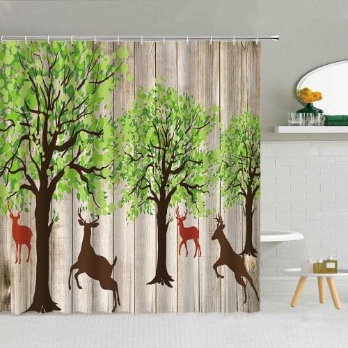 Spring Forest Scenery Shower Curtain Elk Sika Deer Green Plants Bathroom Decor Wood Striped Backdrop Waterproof Hooks Curtains