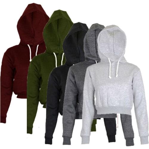 Women Sweatshirt Solid Crop Hoodie Long Sleeve Short Hooded Pullover Coat Casual Sweatshirt Top Clubwear Sports Wear