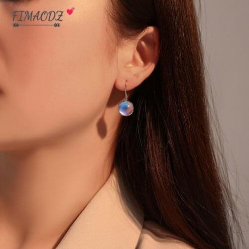 FIMAODZ Korean Fashion Moon Earrings Sweet Round Blue Gradient Earrings Moonstone Gem Earring Alloy Stone Jewelry For Women Girl