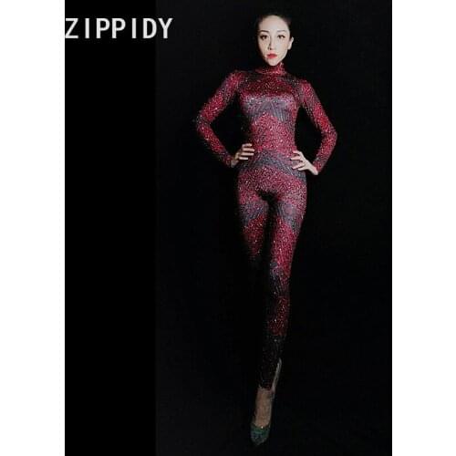Fashion Red Rhinestones Spandex Jumpsuit Womens Birthday Party Celebrate Outfit Nightclub Women Singer Leggings