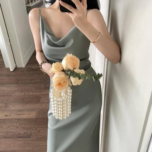 2021 Casual Satin Sexy Slim French Style Summer Strap Sleeveless Solid Color Elegant Dress Women Beach Partywear Ladies Vestido