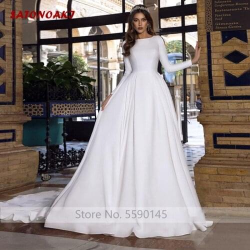 Romantic A Line Satin Wedding Dress Princess Bride Gown Long Sleeve With Buttons Backless Vestido De Novia 2020 Robe Mariage