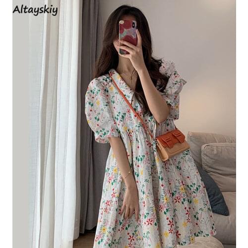 Dresses Women Summer Kawaii Japanese Style Floral Empire Turn-down Collar Female Sweet College Folds All-match Casual Loose Chic