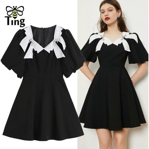 Tingfly Vintage Elegant Sweet Girl Black A Line Mini Short Dress Crystal Bowknot Puff Sleeve Party Night Dresses Robes Princess