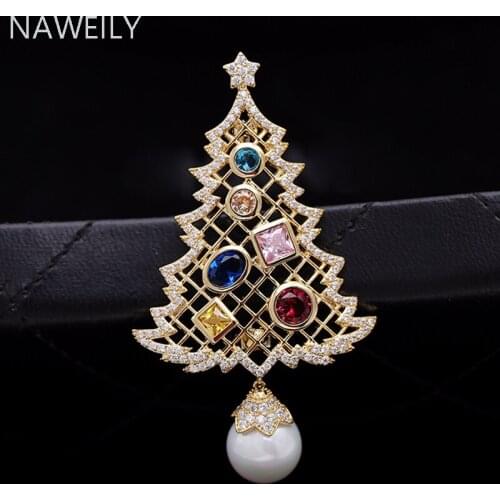 2019 Autumn and Winter New Christmas Tree Pearl Brooch Micro-set Color Zircon Brooches Pin Pendant Dual-use Christmas Gifts