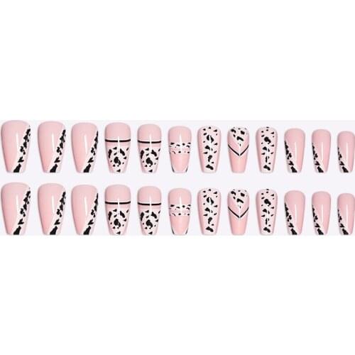 24pc Cow Pattern Nail Patch Glue Type Removable Long Paragraph Fashion Manicure False Nail Patch Uñas Postizas Nails Accesorios