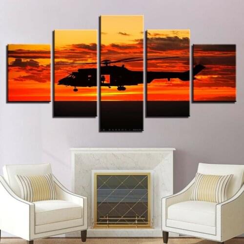 Sunset Scenery Aircraft 5 Panel Canvas Picture Print Wall Art Canvas Painting Wall Decor for Living Room Poster No Framed