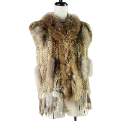 Harppihop Free shipping womens natural real rabbit fur vest with raccoon fur collar waistcoat/jackets rex rabbit knitted winte