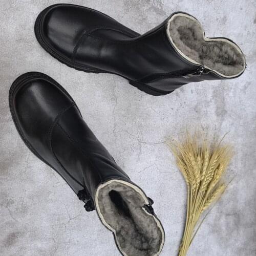 Womens Boots Natural Wool Snow Boots 100% Genuine Leather Women Ankle Boots Warm Winter Shoes Thick platform Flat Ankle Boots