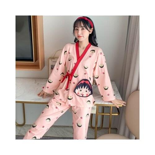 Chi-bi Maruko Pink Anime Pajamas Sets Long Sleeve Sleepwear Suit Cartoon Home Women Nightclothes Nightwear Warm Winter Gift