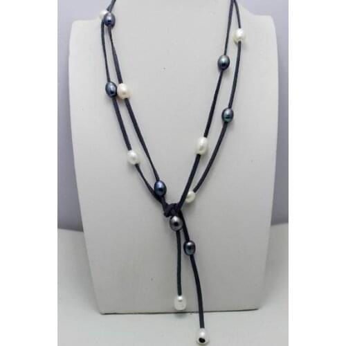 Handmade Leather Pearl Jewelry Dark Gray Leather Necklace White And Black Color Freshwater Pearl Necklace 48 Inches No Metal