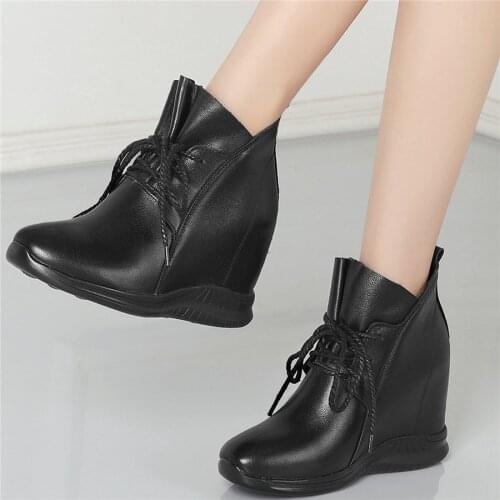 Fashion Sneakers Women Lace Up Genuine Leather Wedges High Heel Ankle Boots Female Round Toe Platform Pumps Shoes Casual Shoes
