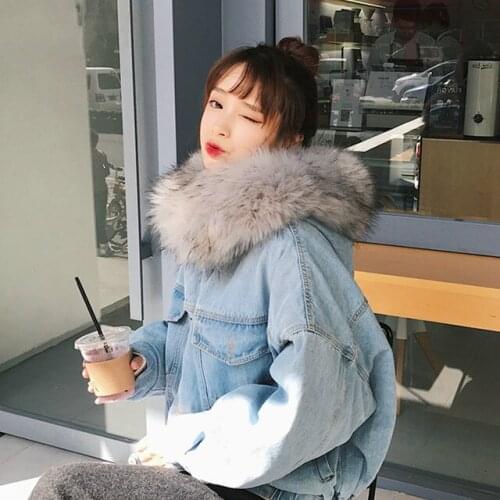 Women Denim Coat Faux Fur Collar Winter Girl Parka Long Sleeve Loose Warm Female Denim Jacket Oversized Ladies Tops Streetwear