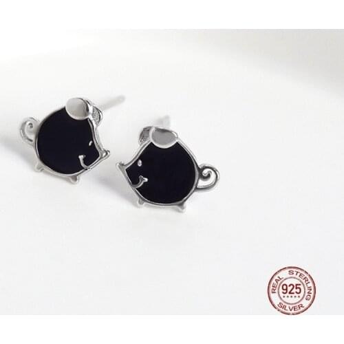LKO Black Colour 925 Sterling Silver Tiny Mouse Earrings for Women Kids Small Animal Ear Studs Earring Cartoon Jewelry Gifts