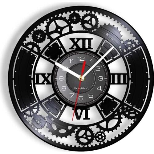 Mechanical Watch Movement Vintage Wall Clock Cogwheel Roman Numerals Steampunk Style LED Horologe Retro VInyl Disk Craft Decor