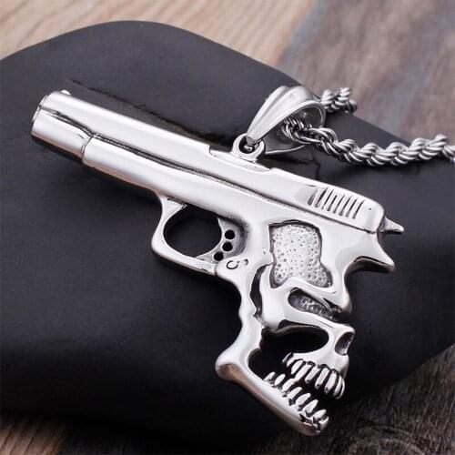 Hip Hop Skull Pistol Shape Pendant Necklace Men Stainless Steel Rope Chain Necklace Punk Gothic Biker Jewelry Dropshipping Store