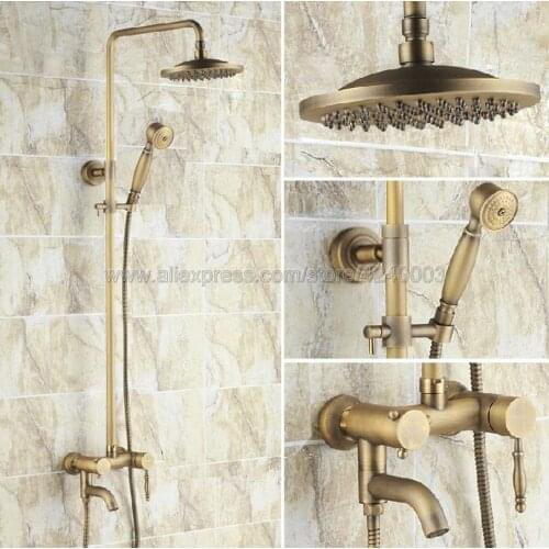 Antique Brass Shower Faucets Set 8'' Rainfall Shower Head Handle Shower Mixer Tap Swivel Tub Spout Bath Shower Krs041