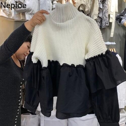 Neploe Korean Fashion Cropped Pullovers 2021 Fall Women Clothing Turtleneck Patchwork Ruffles Knitted Ssweater Sweet Jumper Tops