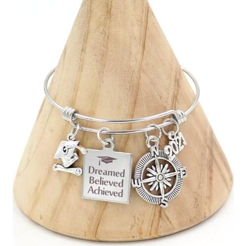 New Arrival Stainless Steel Wire Bangle Zinc Alloy Compass Charm 2021 Graduation Bracelet&Bangle Graduaters Gifts Pulsera