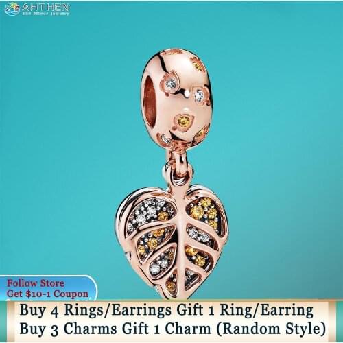 Ahthen 925 Sterling Silver Beads Sparkling Leaves Dangle Charms fit Original Pandora Bracelets Women Jewelry Making Girl Gift