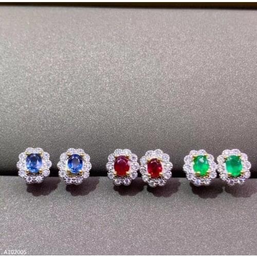Supporting detection 925 sterling silver inlaid natural sapphire ruby emerald ladies earrings oval faceted 3 colors optional fa