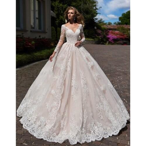 Elegant A Line Wedding Dress 2021 Lace Princess Long Sleeve Beading Appliques Bridal Muslim Bride Gowns Vestido De Noiva