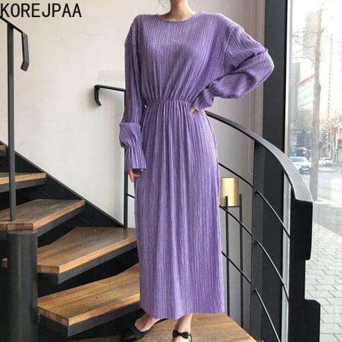 Korejpaa Women Dress 2021 Autumn Korean Temperament Ladies Round Neck Fold Texture Design High Waist Flared Sleeve Slit Vestidos