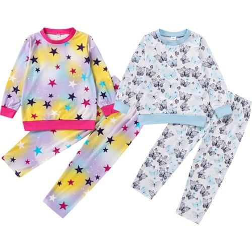 Girls Casual Two-piece Clothes Set, Printed Pattern Round Collar Pullover and Pants, Blue White/ Multicolor 4-9T