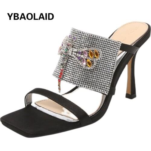 Fashion Square Head Dragonfly Rhinestone Word with Open-toe High-heeled Sandals Summer New Color Diamond Stiletto Sandals