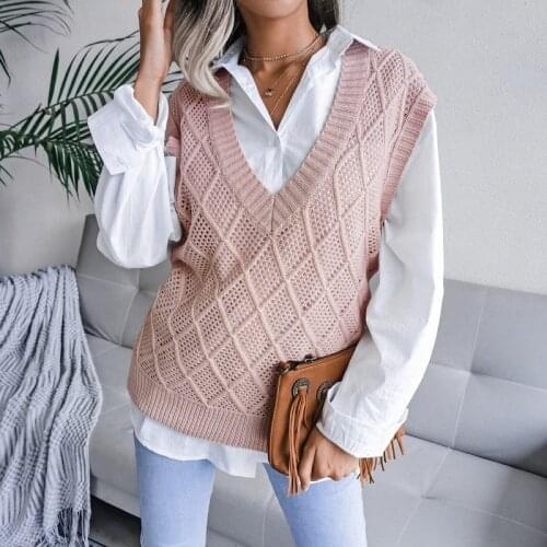 Fashion womens knitted sweater pullover vest 2021 autumn and winter new V-neck solid diamond hollow casual loose sweater vest