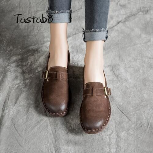 Tastabo Handmade leather womens shoes Solid color flats Simple buckle inlay Wild fashion womens shoes Comfortable walking