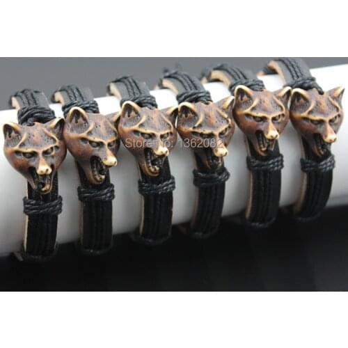 Jewelry Wholesale lot 12pcs Tribal Amulet Wolf Head Charm Leather Bracelets Surfer Bangle Gift MB85