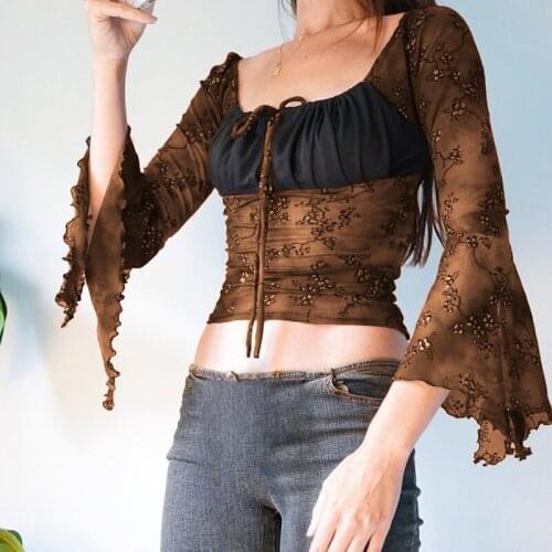 Retro Women T-shirt Ruffles Flare Sleeve Ruched Lace Up Crop Top Y2K Women Autumn Spring Harajuku Pullovers Tees Female Clothes