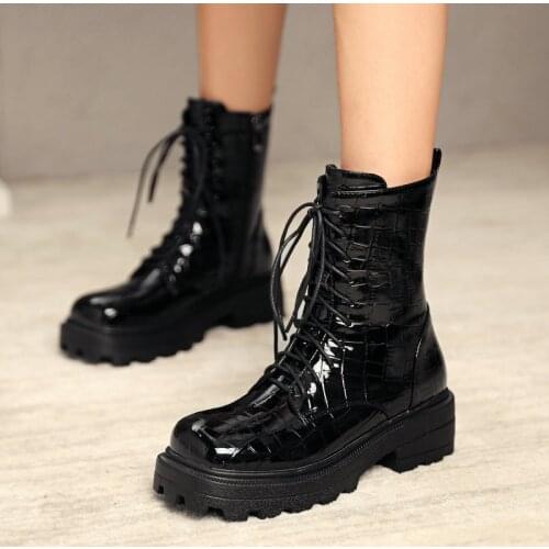 Black Brown Autumn Winter Women Boots Platform Flat Heel Ankle Boots Fashion Square Toe Zipper Shoes Ladies