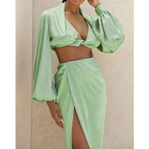 2021 Spring Irregular Deep V Sexy Two Pieces Set Women Long Sleeve Crop Top Split Skirt Suit Nightclub Outfit Beach Clothes